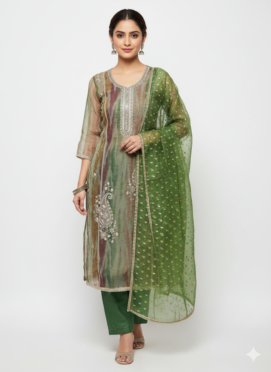 Premium glass organza fabric unstitched suit set for women