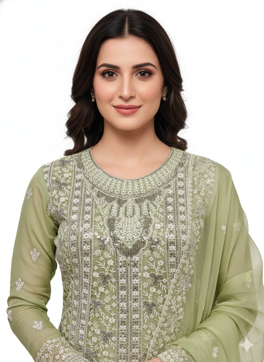 Woman wearing a light green embroidered traditional outfit on a white background