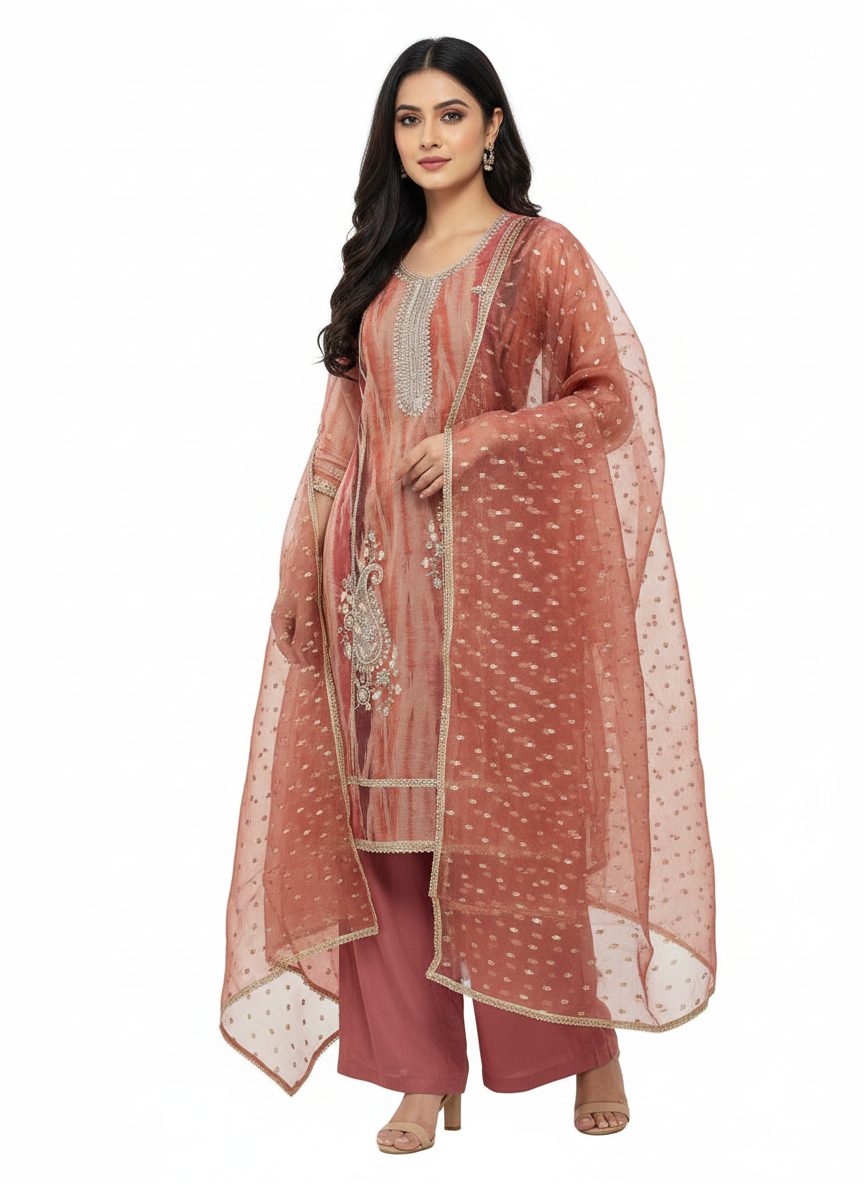 Glass organza unstitched ladies suit with digital print and bead embroidery