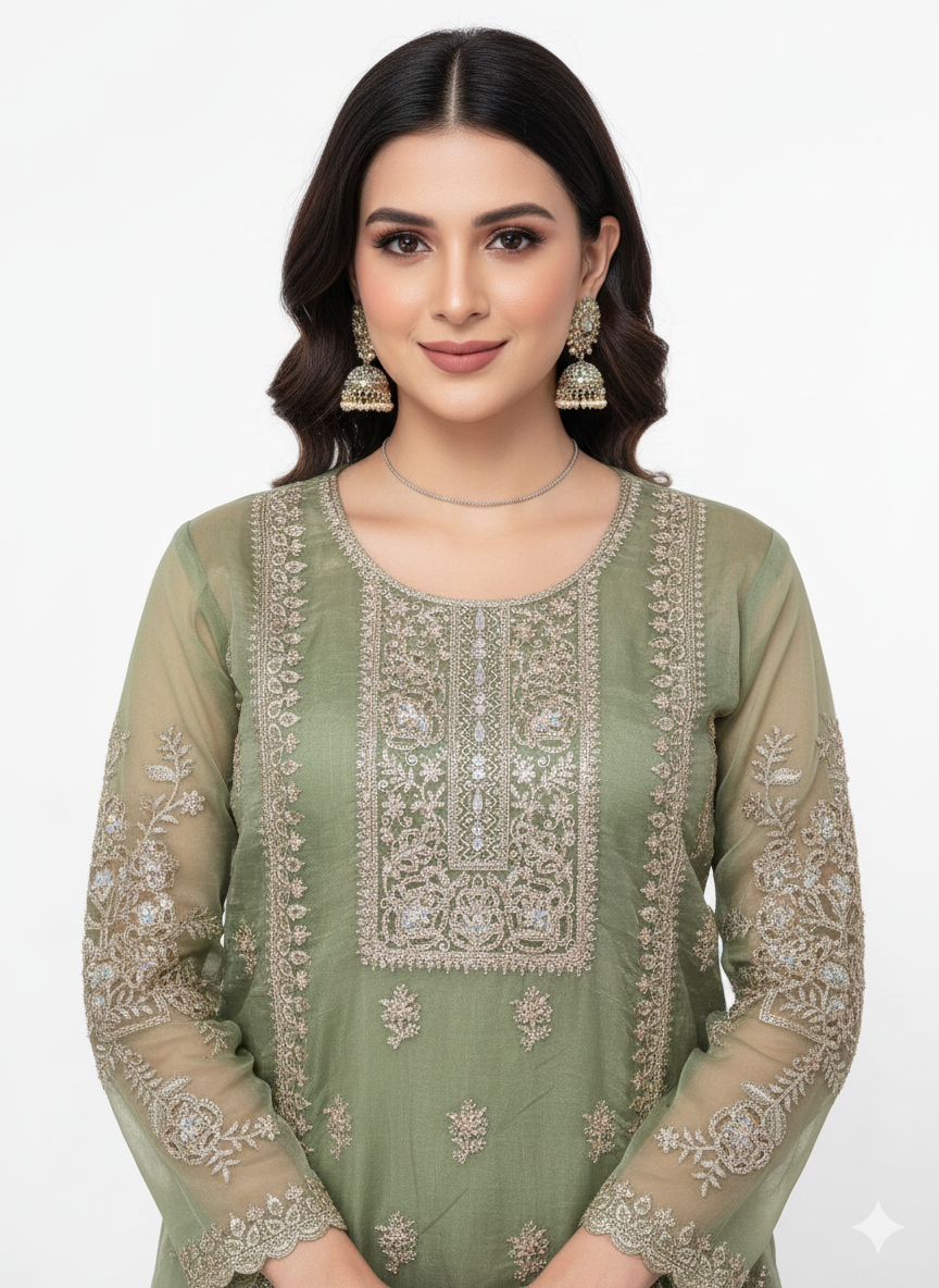 In-House Special – Mausam Organza Semi-Stitched Suit with Chiffon Dupatta, Fancy Zari & Zarkan Work