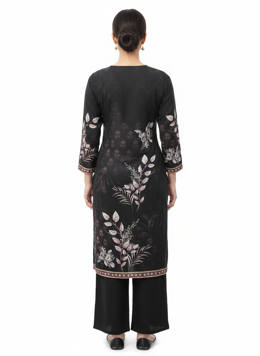 Shadow Black Printed Muslin With Rayon Pant Readymade Suit