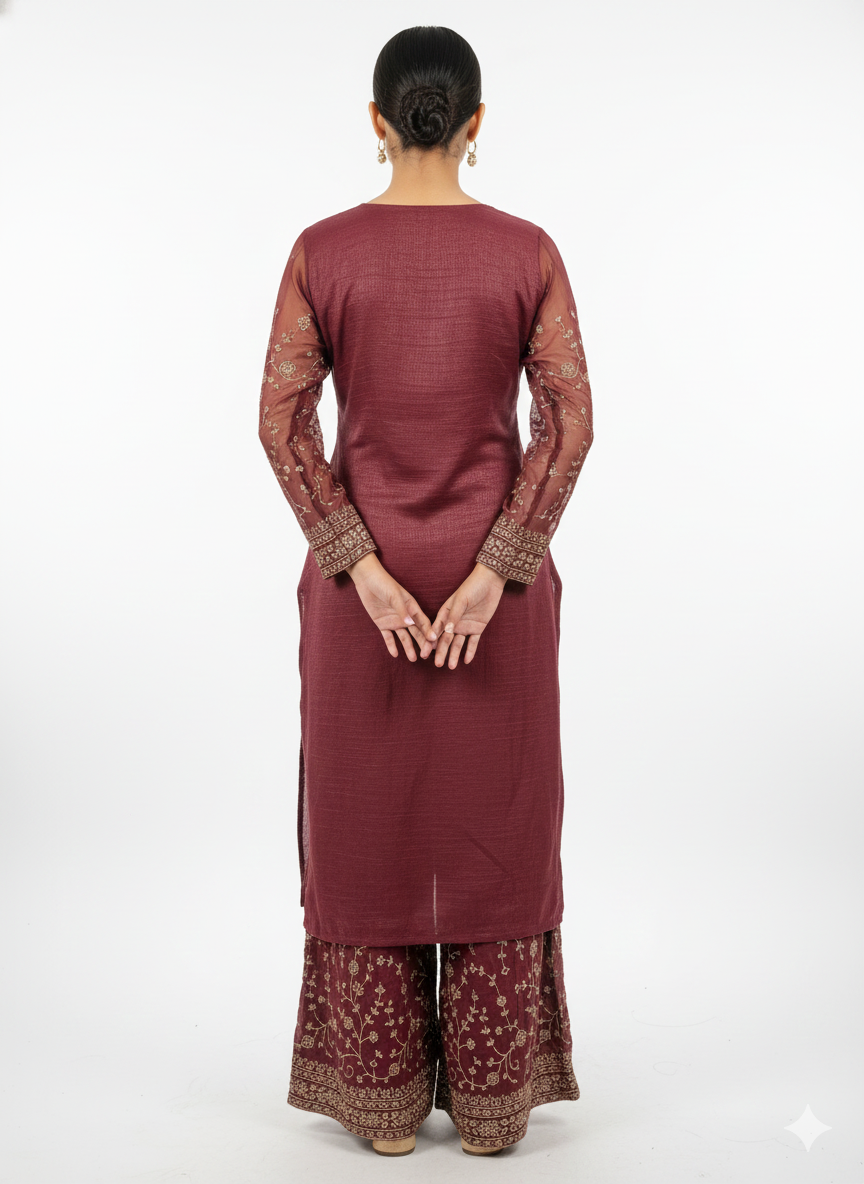 Crunchy Fabric Readymade Sharara Suit With Thread Work & Zarkan Touching