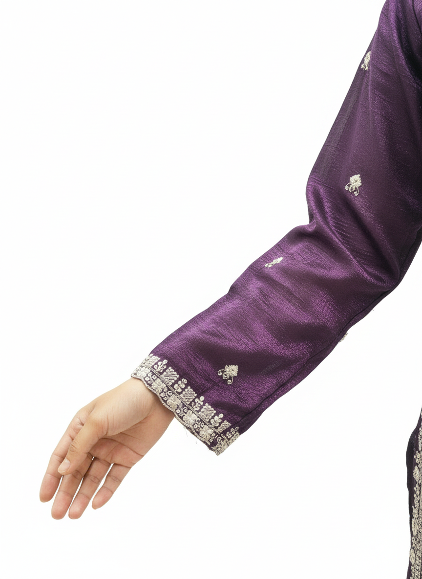 Crunchy Fabric Ready-Made Suit with Zari & Zarkan Work, Pant-Cut Pajama & Dupatta