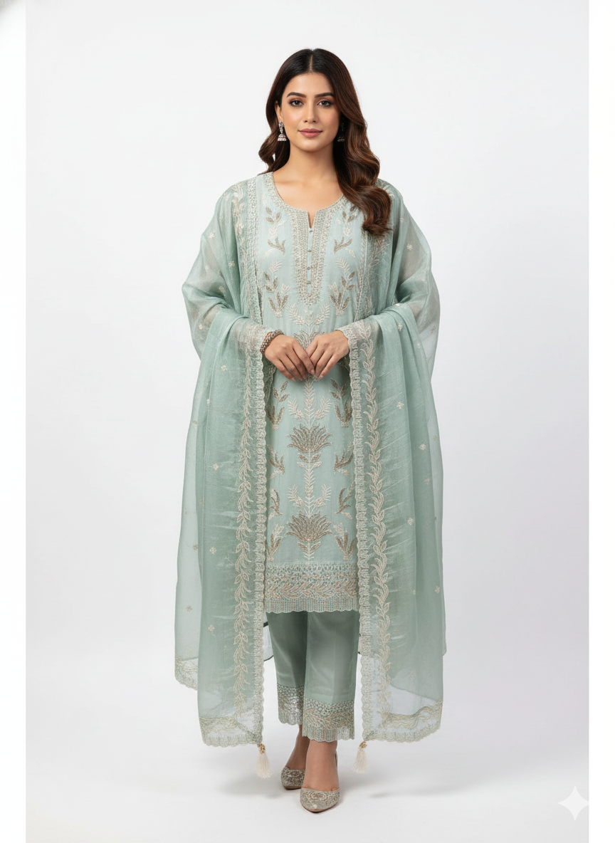 Traditional ladies suit with shimmer dupatta for wedding functions