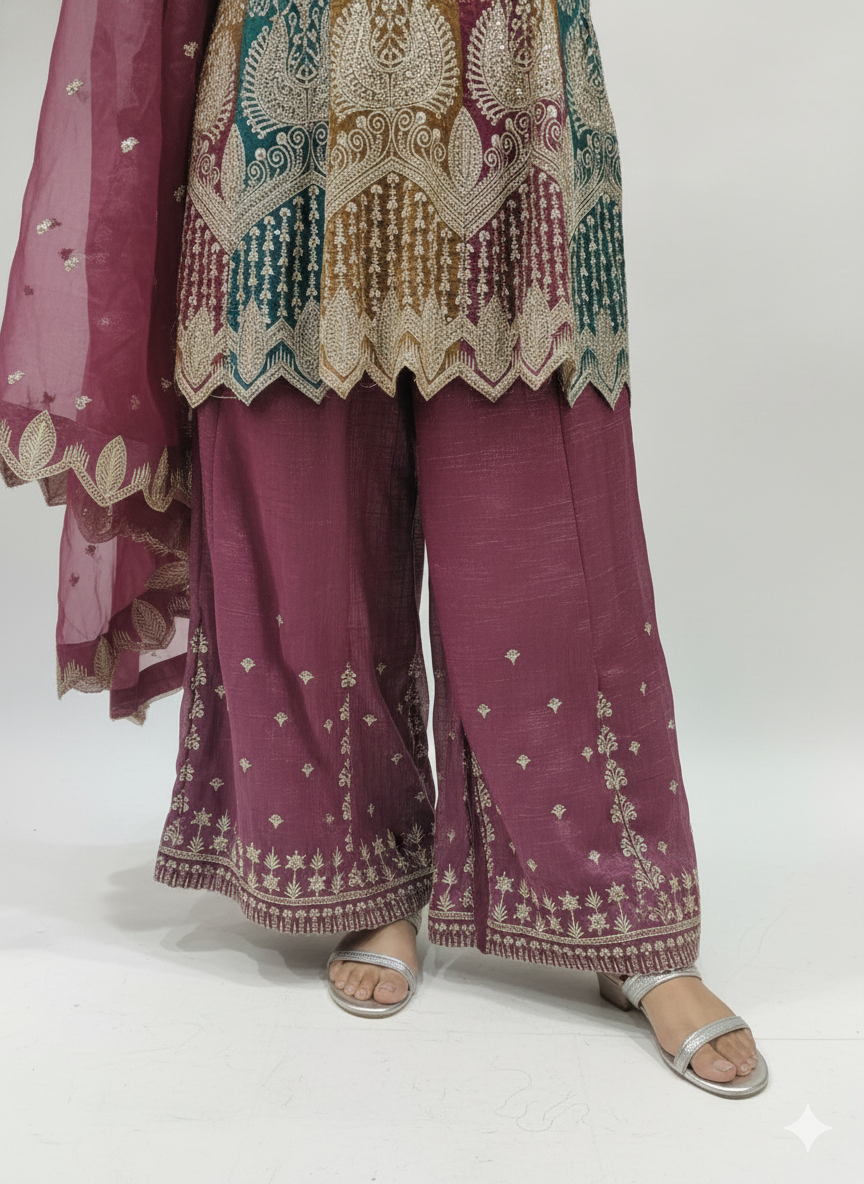 Glint Organza Peplum Top & Sharara Set with Zari & Zarkan Work – Matching Purse