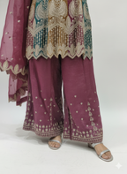 Glint Organza Peplum Top & Sharara Set with Zari & Zarkan Work – Matching Purse