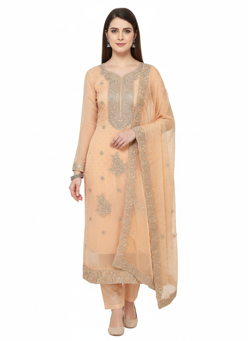 Burberry Top Unstitched Suit Set with Santoon Bottom, Worked Dupatta and Zari & Zarkan Work