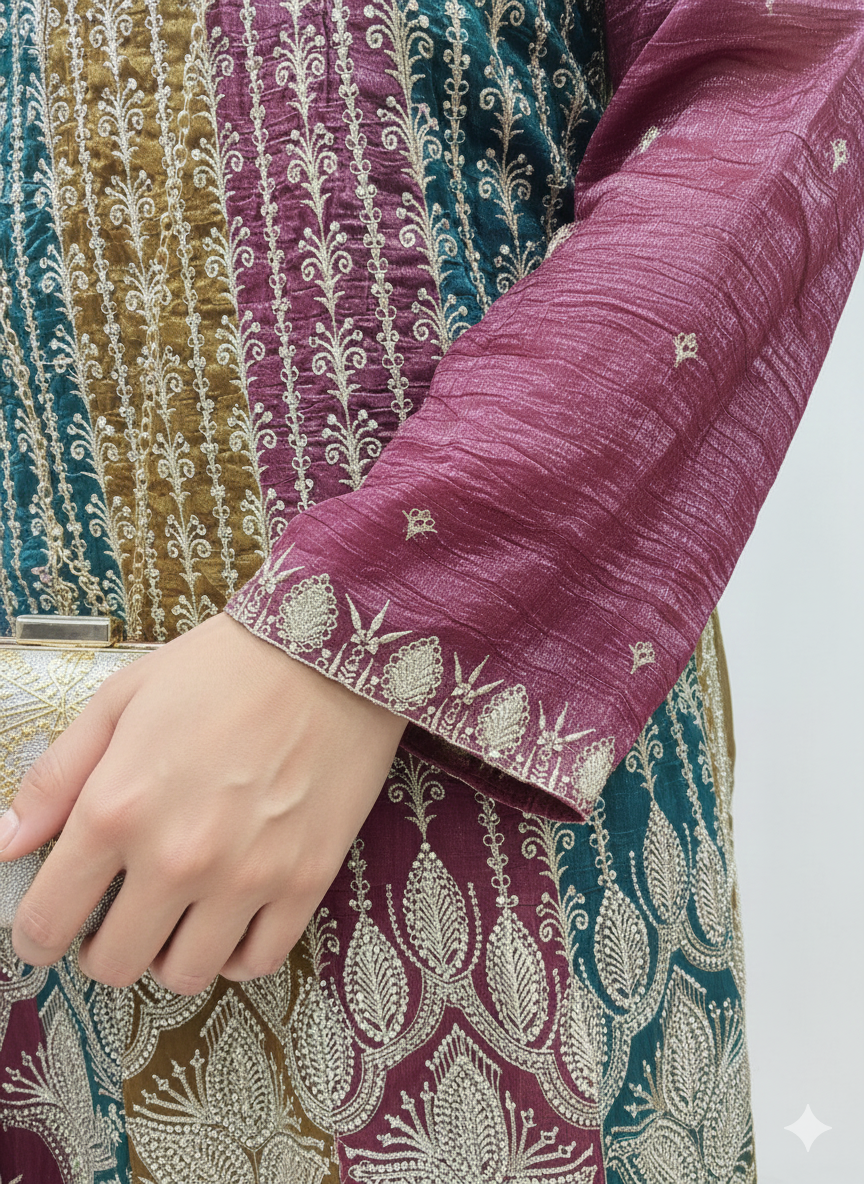 Glint Organza Peplum Top & Sharara Set with Zari & Zarkan Work – Matching Purse