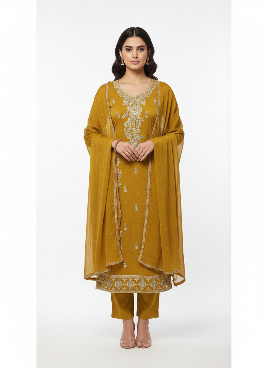 Ladies suit design featuring crunchy fabric top for festive wear