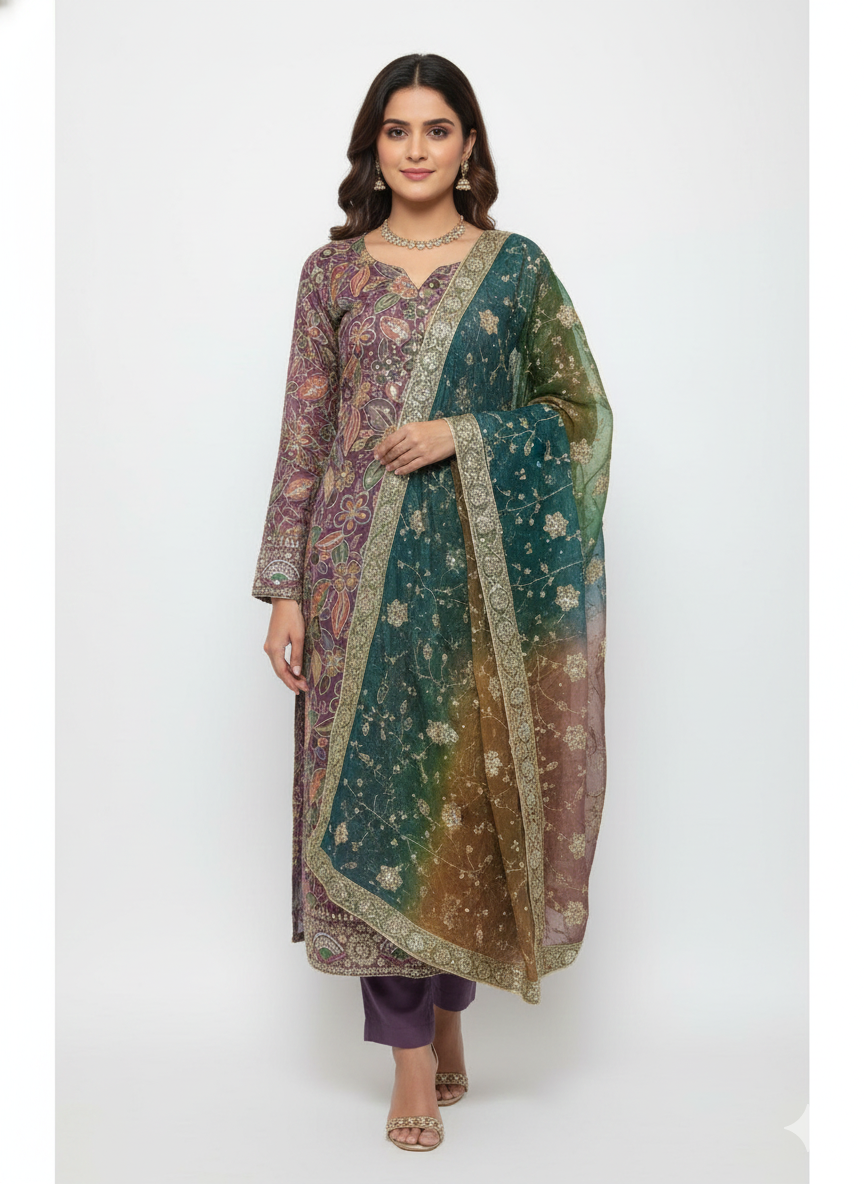 Pure chinon printed unstitched ladies suit with heavy zarkan work