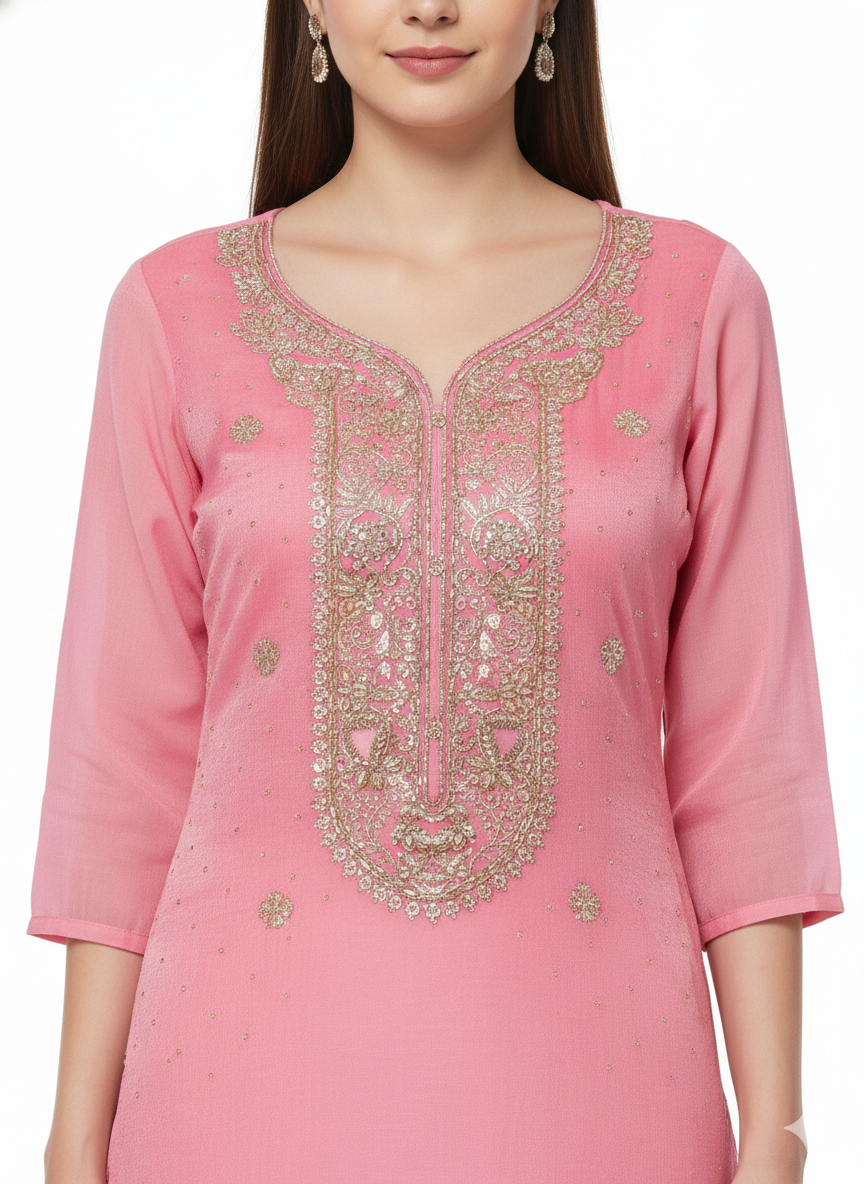Pink kurta with intricate gold embroidery on a white background