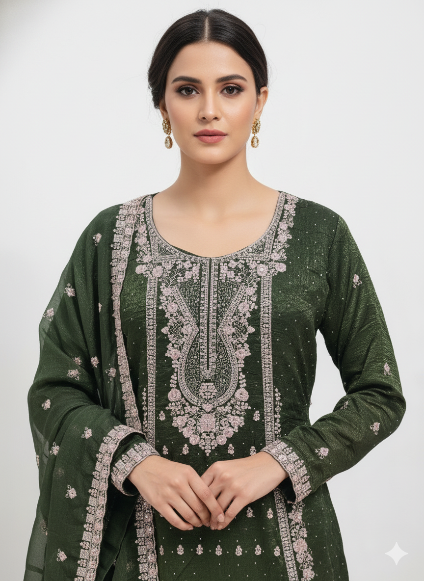 Crunchy Fabric Ready-Made Suit with Zari & Zarkan Work, Pant-Cut Pajama & Dupatta