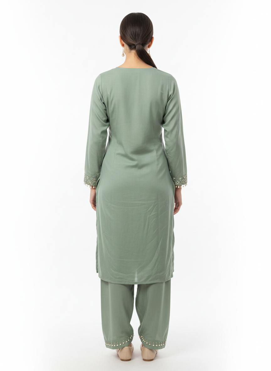 Fendy Fabric Suit with Chiffon Dupatta & Pant-Cut Pajama – Mirror & Resham Work