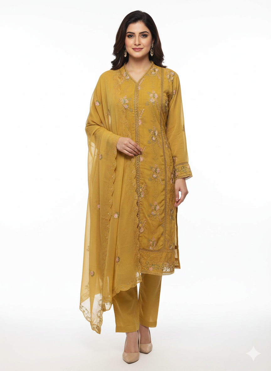 Traditional ladies suit with flared sharara and elegant finish