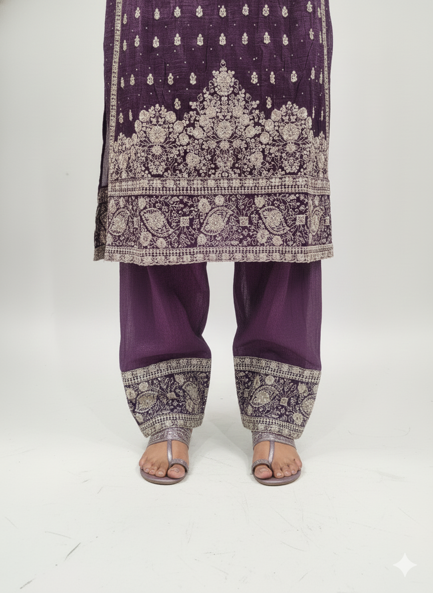 Crunchy Fabric Ready-Made Suit with Zari & Zarkan Work, Pant-Cut Pajama & Dupatta