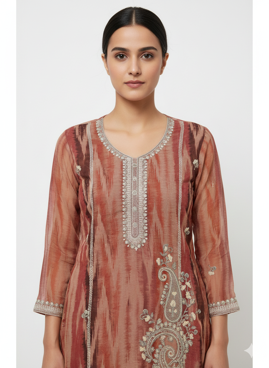 Glass Organza Digital Print Unstitched Suit with Fancy Bead Embroidery