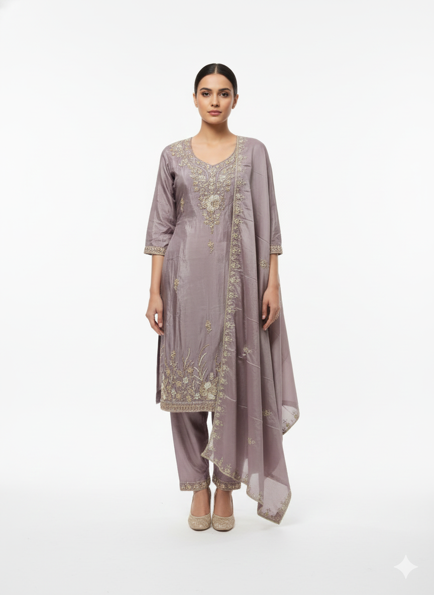 Glass Organza Ready-Made Top & Pant Set with Chikankari Dupatta – Resham Thread & Bead Work