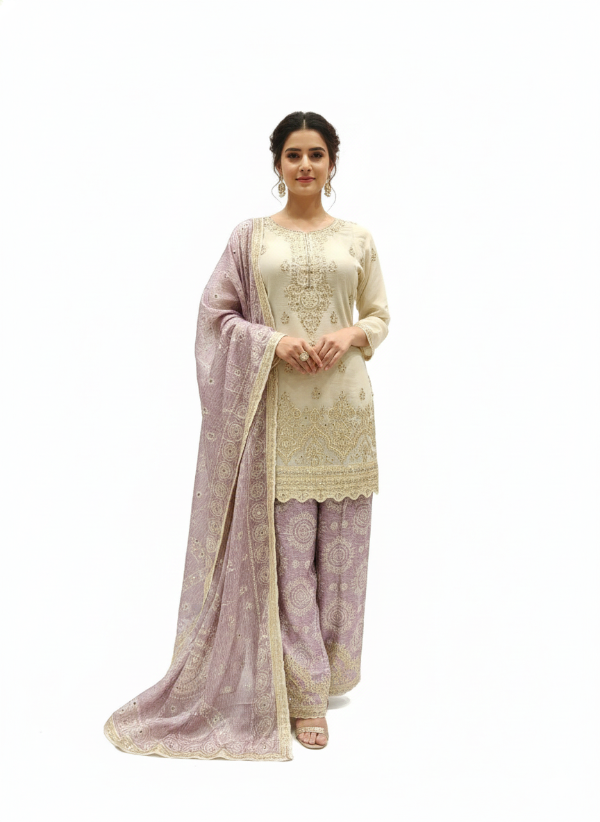 Readymade Suit with Printed Dupatta and Sharara, Gold Thread & Mirror Work in Chinon Fabric