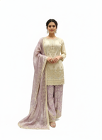 Readymade Suit with Printed Dupatta and Sharara, Gold Thread & Mirror Work in Chinon Fabric