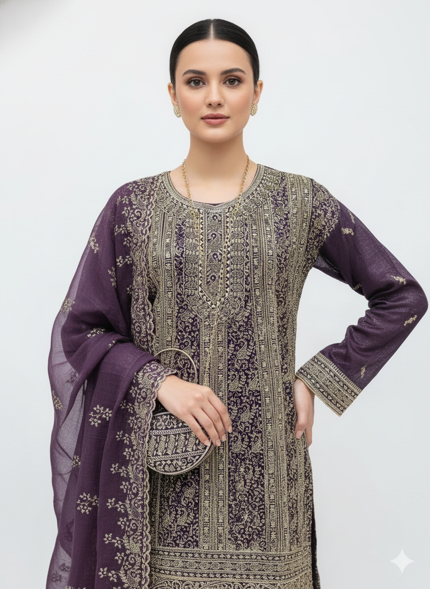 Peplum Top & Sharara Set with Designer Purse in Crush Luxe Organza Fabric