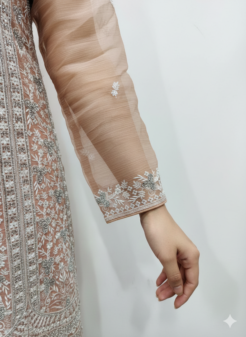 Chiffon Organza Top-Peplon & Sharara Set with Zari & Zarkan Work