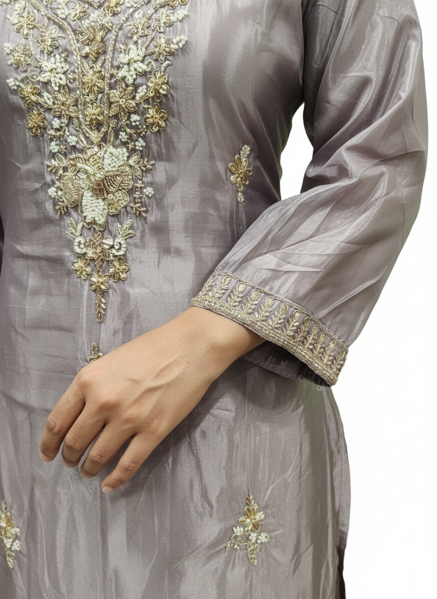 Glass Organza Ready-Made Top & Pant Set with Chikankari Dupatta – Resham Thread & Bead Work