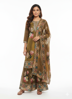 Ladies suit design featuring digital block print on organza fabric