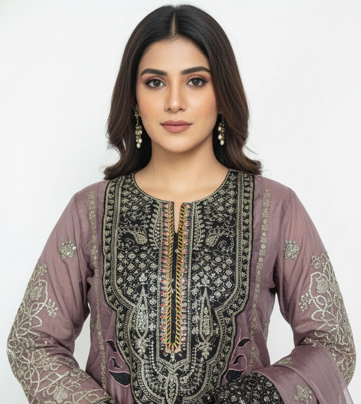 Unstitched suit set for women with organza top and shantoon bottom