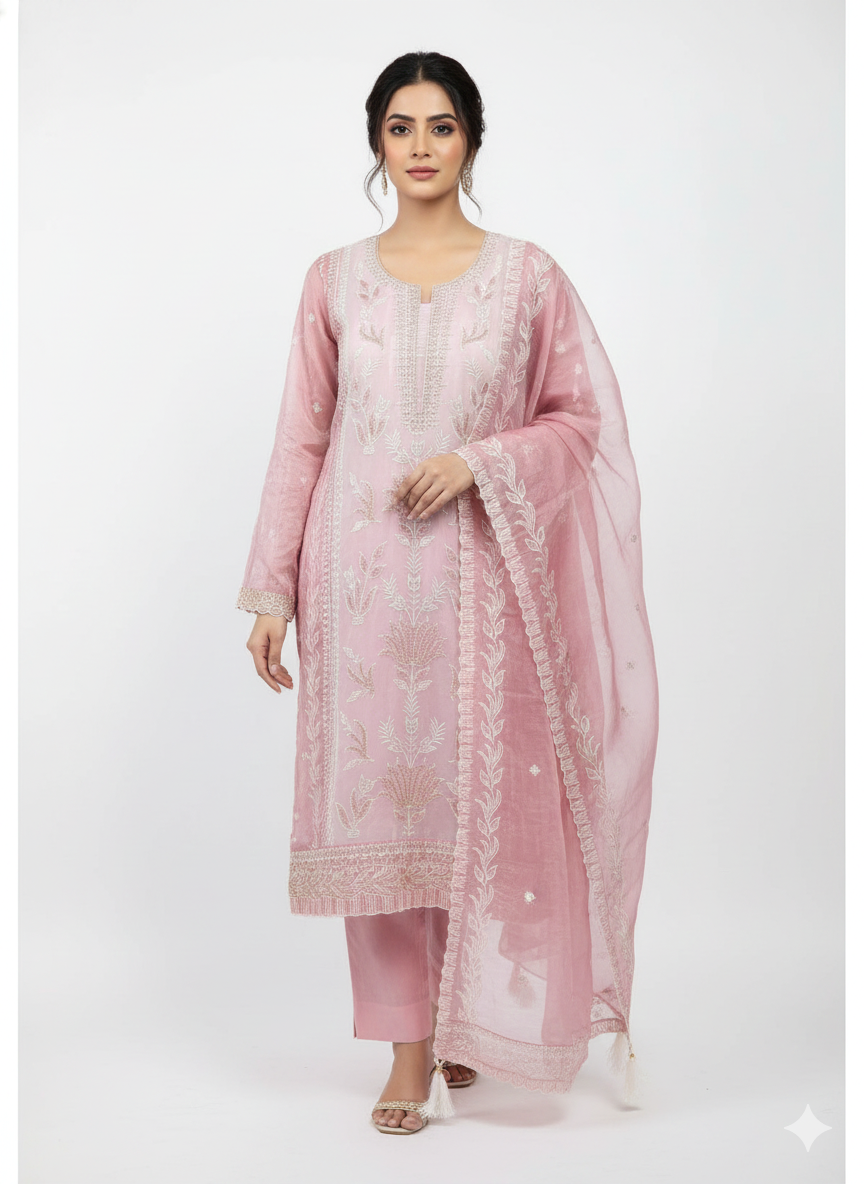 Pakistani style party wear suit for women with embroidered palazzo