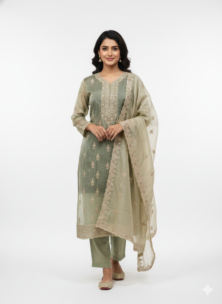 Fine thread embroidery and zarkan detailing on organza suit fabric