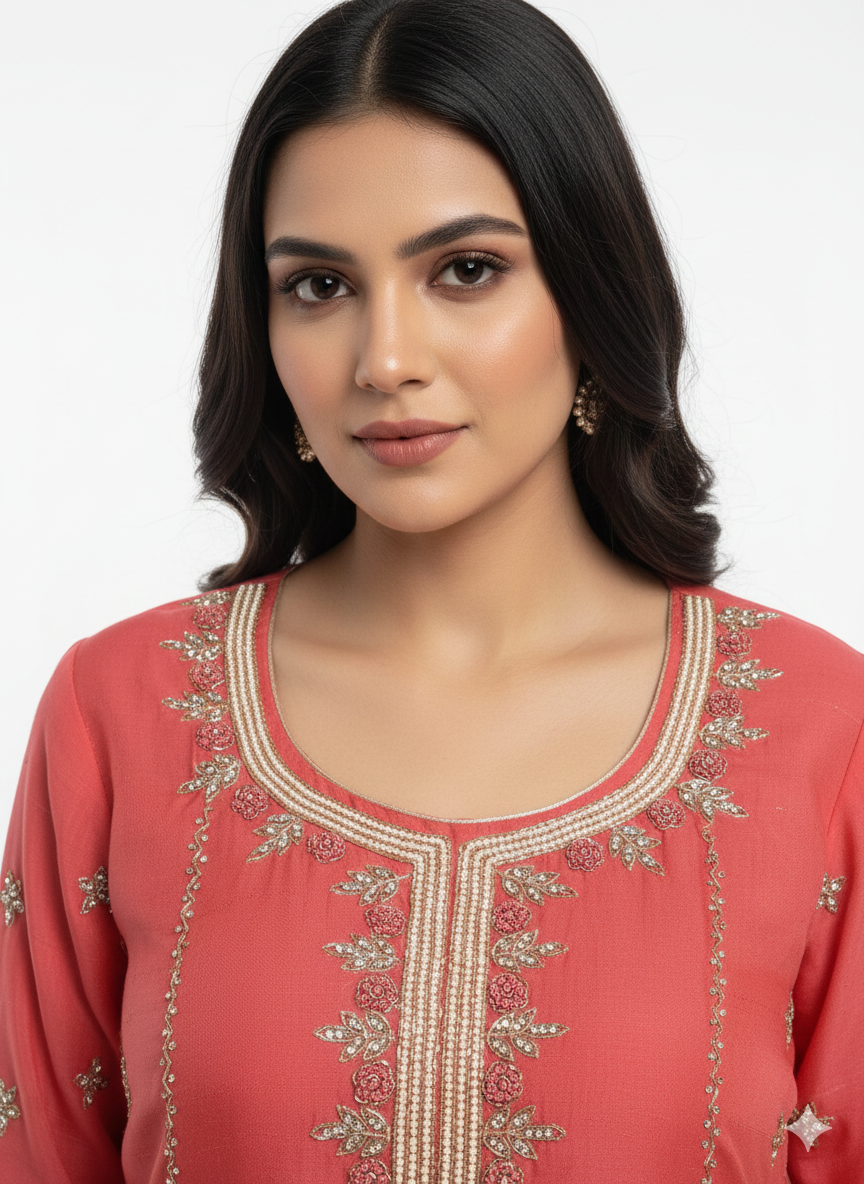 Handworked Organza Unstitched Suit with Cutdana & Zarkan Work