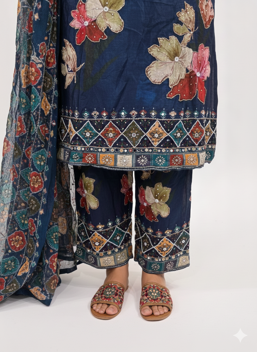 Glass Organza Semi-Stitched Suit Set with Gharara Bottom, Digital Block Print & Zarkan Work