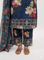 Glass Organza Semi-Stitched Suit Set with Gharara Bottom, Digital Block Print & Zarkan Work