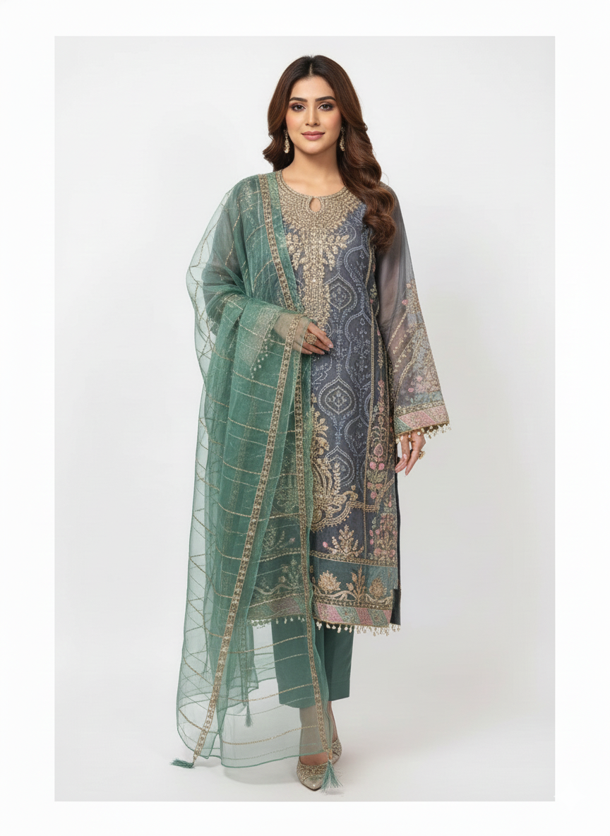 Festive wear ladies suit in organza fabric with handcrafted embroidery