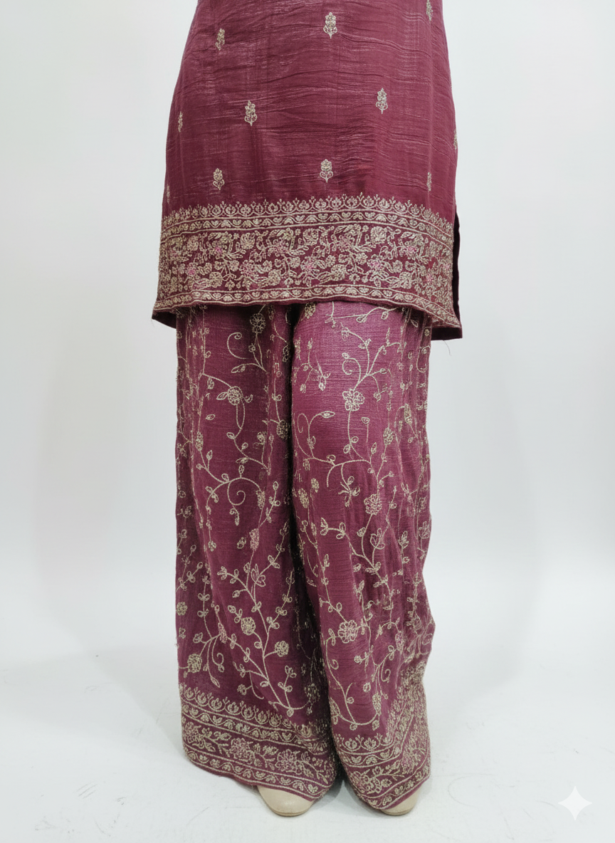 Crunchy Fabric Readymade Sharara Suit With Thread Work & Zarkan Touching