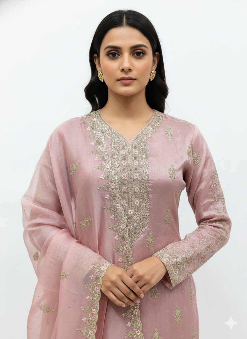 Pakistani Glass Organza Suit with Dupatta Work – Thread & Zarkan Embroidery