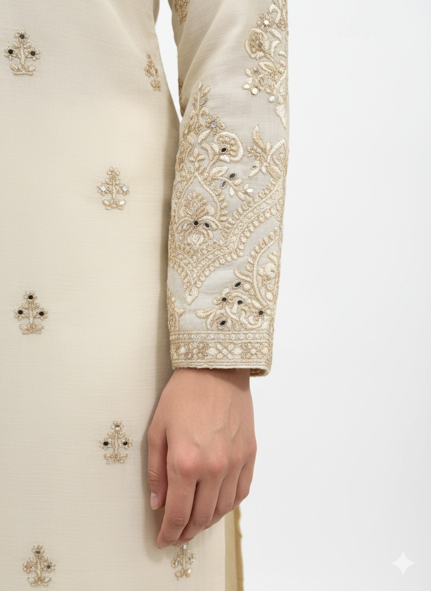 Readymade Suit with Printed Dupatta and Sharara, Gold Thread & Mirror Work in Chinon Fabric