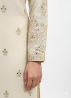 Readymade Suit with Printed Dupatta and Sharara, Gold Thread & Mirror Work in Chinon Fabric