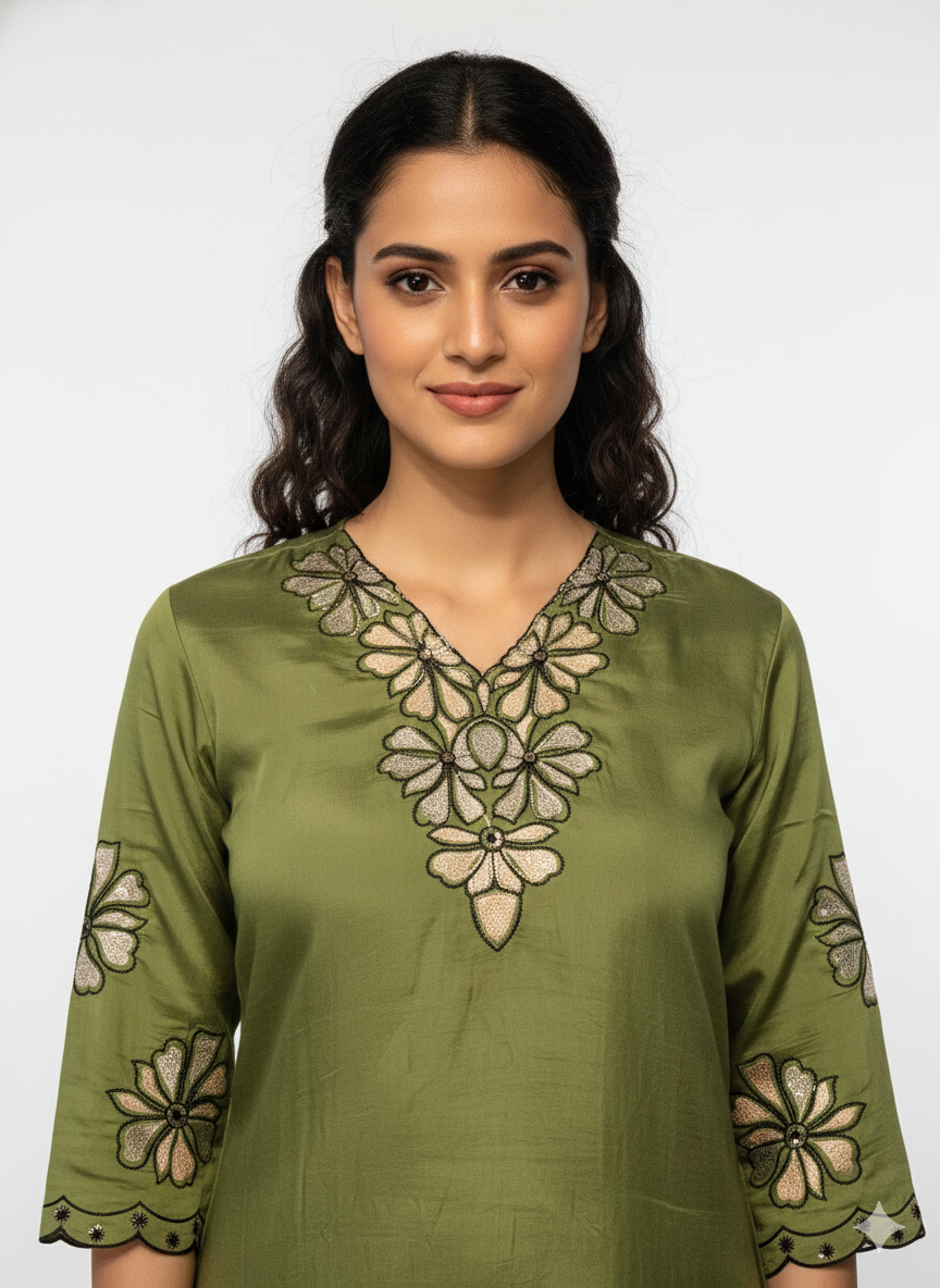 Soft Shine Cotton-Feel Semi-Stitched Suit with Embroidery & Organza Dupatta