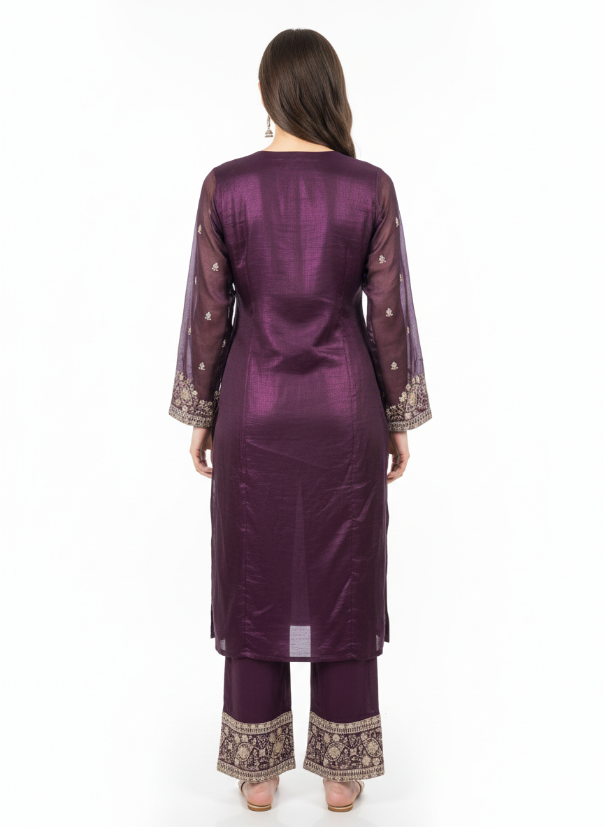 Crunchy Fabric Ready-Made Suit with Zari & Zarkan Work, Pant-Cut Pajama & Dupatta