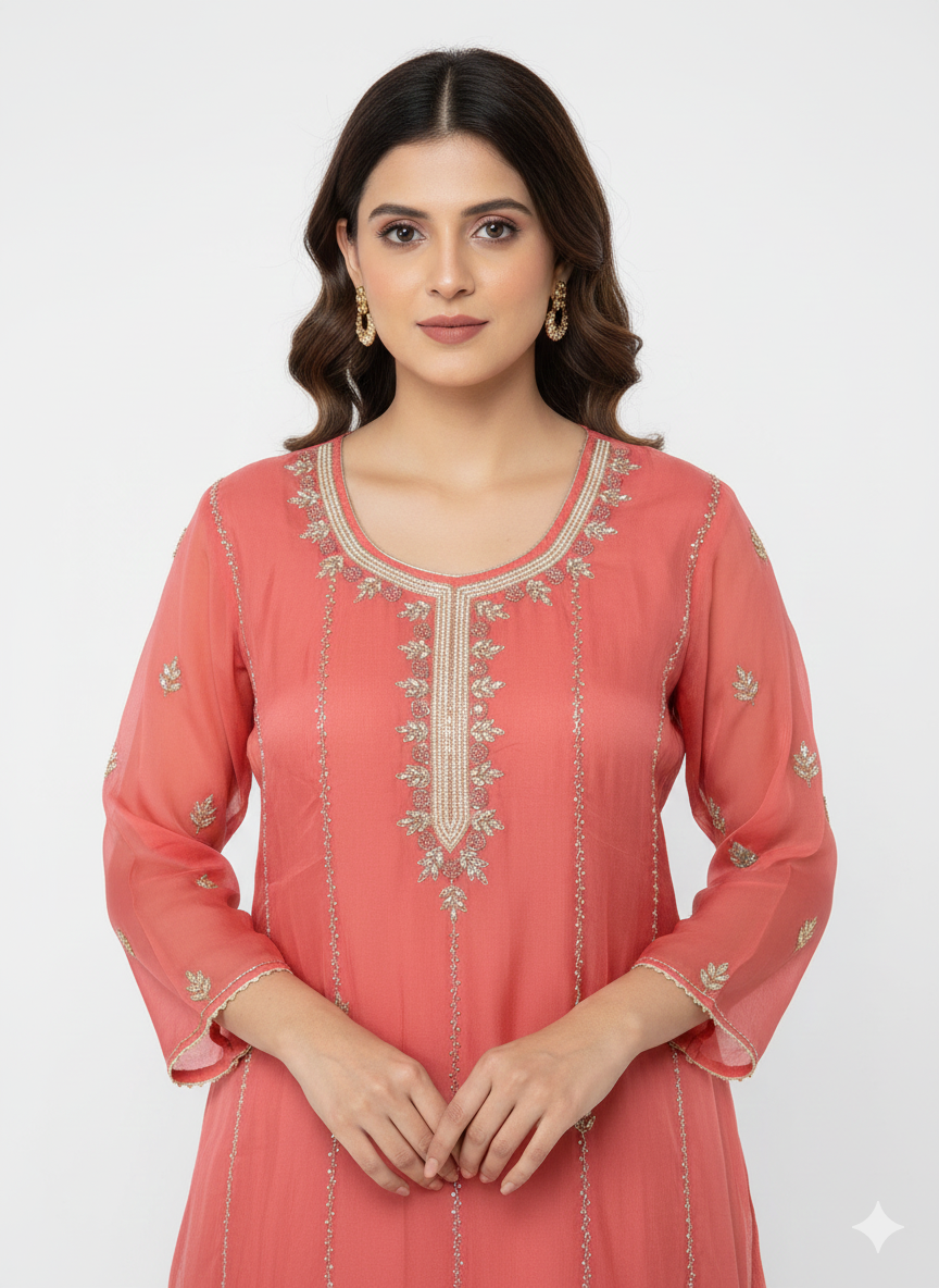 Handworked Organza Unstitched Suit with Cutdana & Zarkan Work