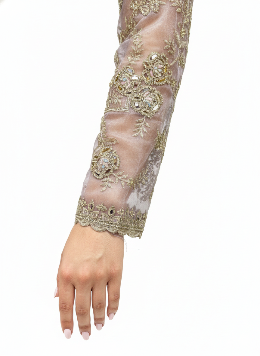 In-House Special – Mausam Organza Semi-Stitched Suit with Chiffon Dupatta, Fancy Zari & Zarkan Work