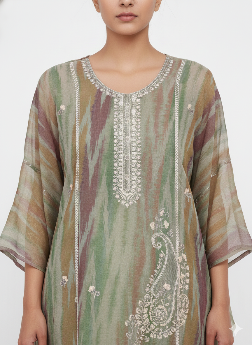 Glass Organza Digital Print Unstitched Suit with Fancy Bead Embroidery