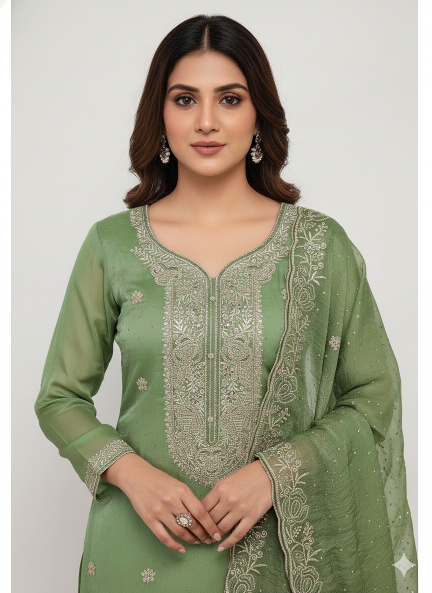 Burberry Top Unstitched Suit Set with Santoon Bottom, Worked Dupatta and Zari & Zarkan Work