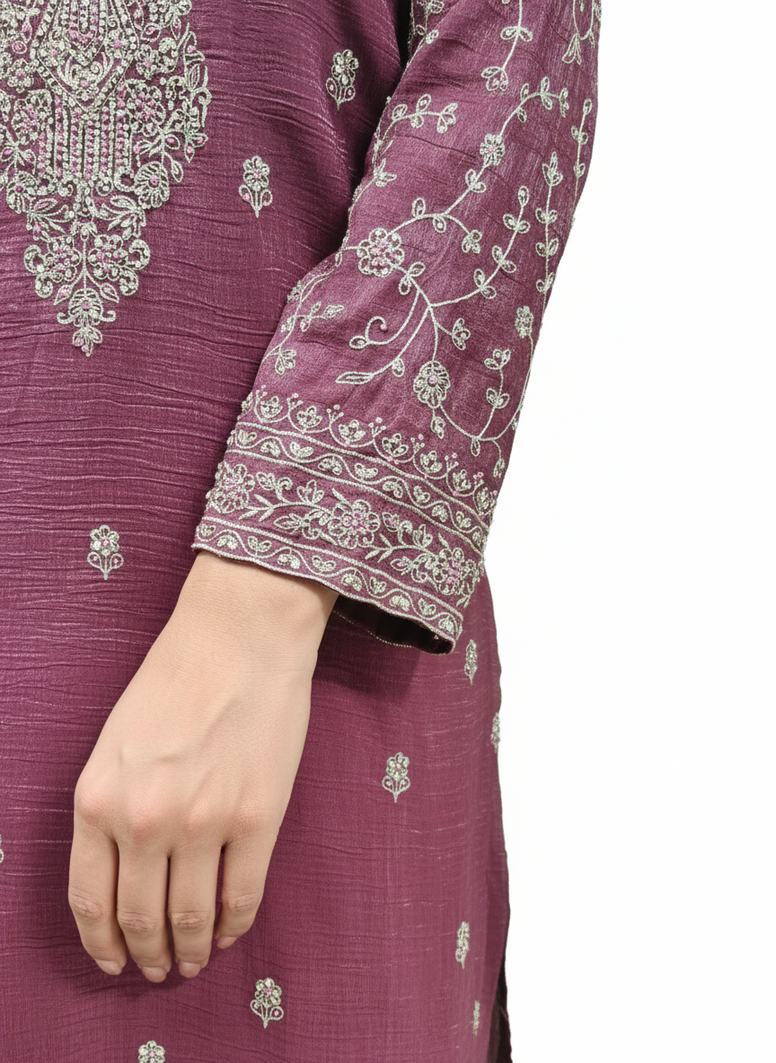 Crunchy Fabric Readymade Sharara Suit With Thread Work & Zarkan Touching