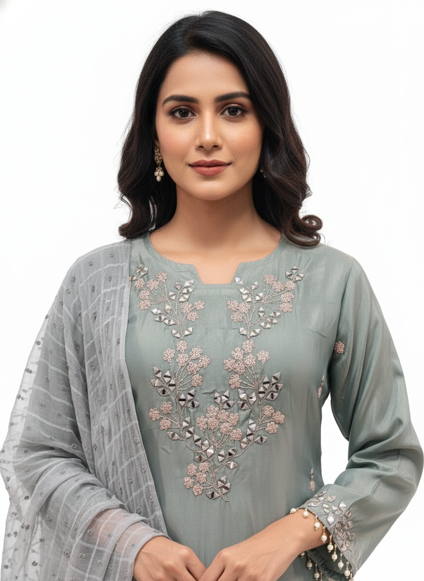 Fendy Fabric Suit with Chiffon Dupatta & Pant-Cut Pajama – Mirror & Resham Work