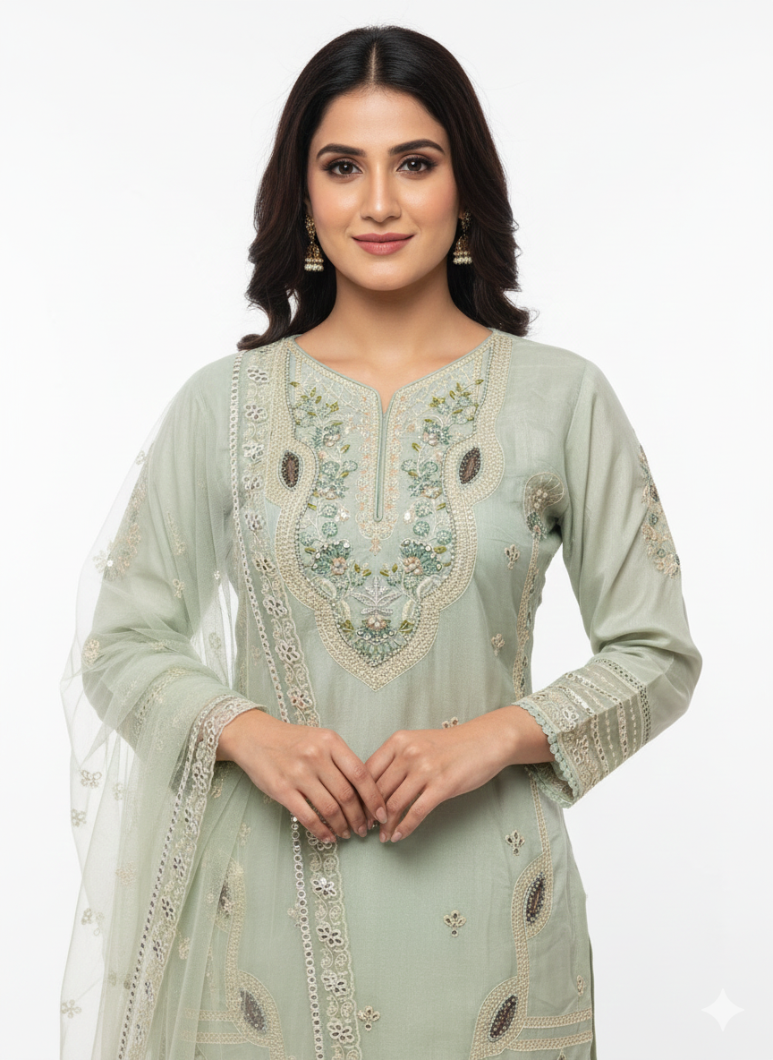 Traditional ladies suit with organza dupatta and zari work