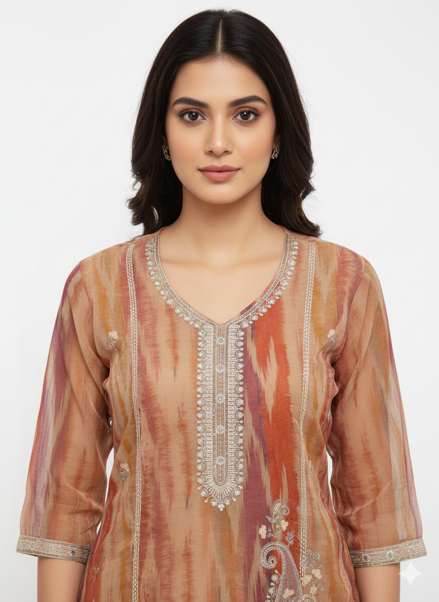 Glass Organza Digital Print Unstitched Suit with Fancy Bead Embroidery