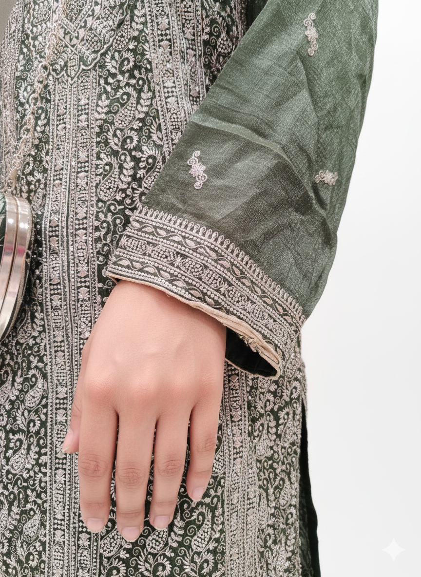 Peplum Top & Sharara Set with Designer Purse in Crush Luxe Organza Fabric