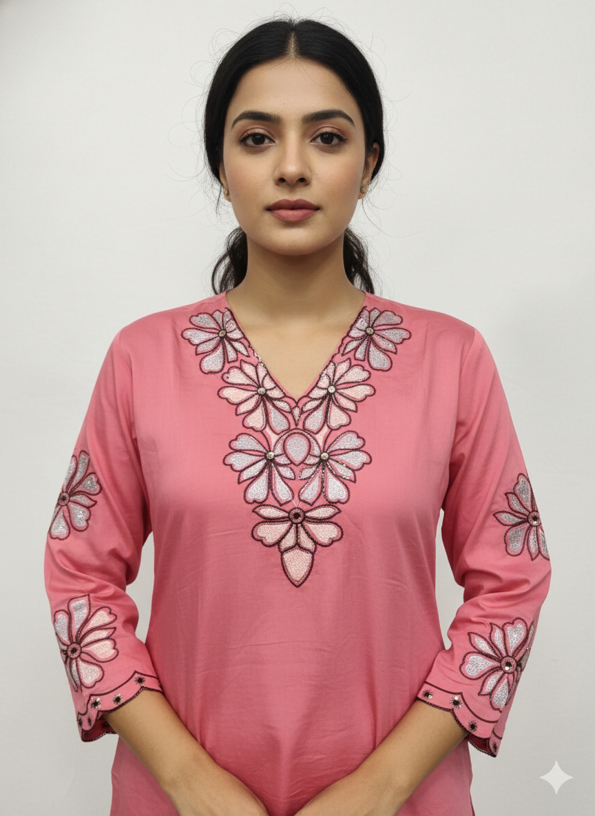 Soft Shine Cotton-Feel Semi-Stitched Suit with Embroidery & Organza Dupatta